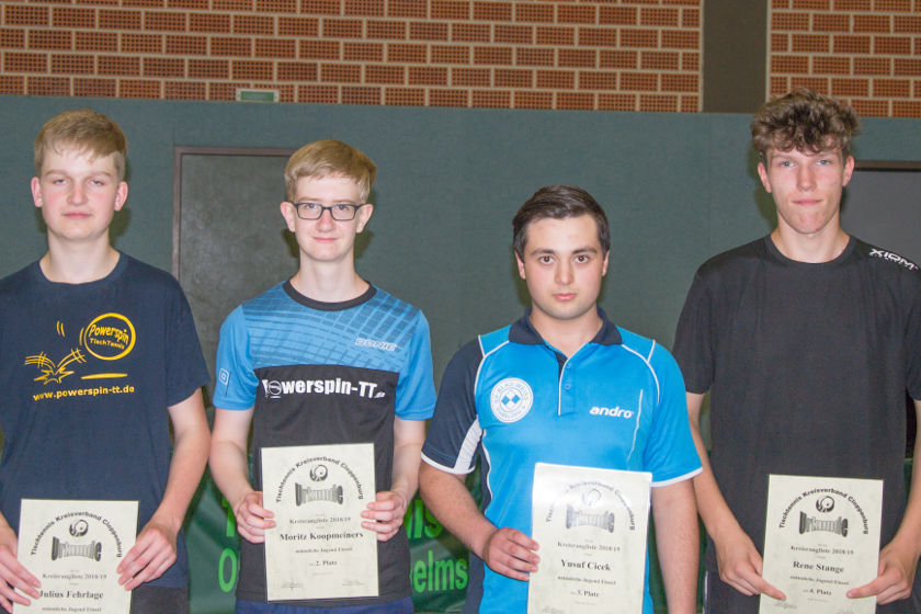 Julius Fehrlage (1. Platz), Moritz Koopmeiners (2. Platz), Yusuf Cicek (3. Platz) und Rene Stange (4. Platz) :: TT-Kreisrangliste 2018 Männliche Jugend