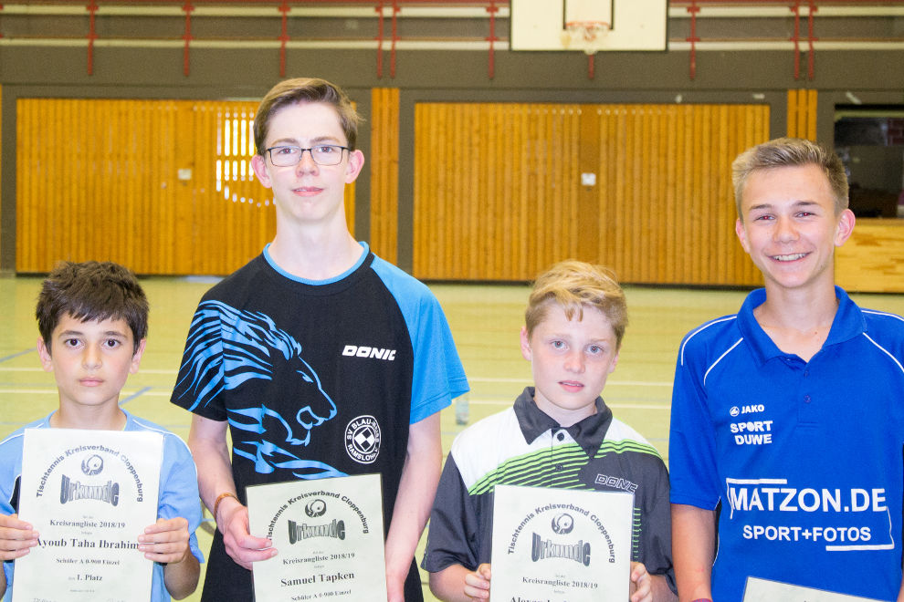 Ayoub Taha Ibrahim (1. Platz), Samuel Tapken (2. Platz), Alexander Wagner (3. Platz) und Maximilian Oltmanns (4. Platz) :: TT-Kreisrangliste 2018 Schüler A, bis 900 QTTR-Punkte