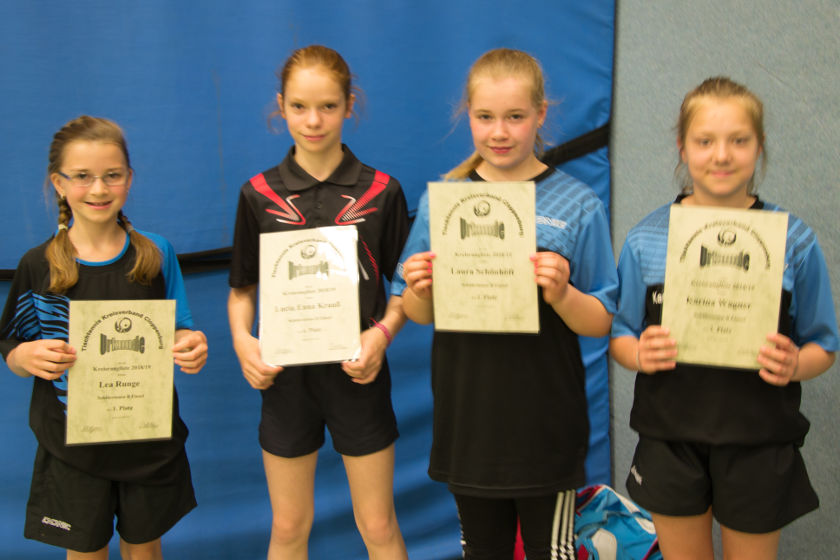 Lea Runge (1. Platz), Lucia Enna Krauß (4. Platz), Laura Schönhöft (2. Platz) und Karina Wagner (3. Platz) :: TT-Kreisrangliste 2018 Schülerinnen B