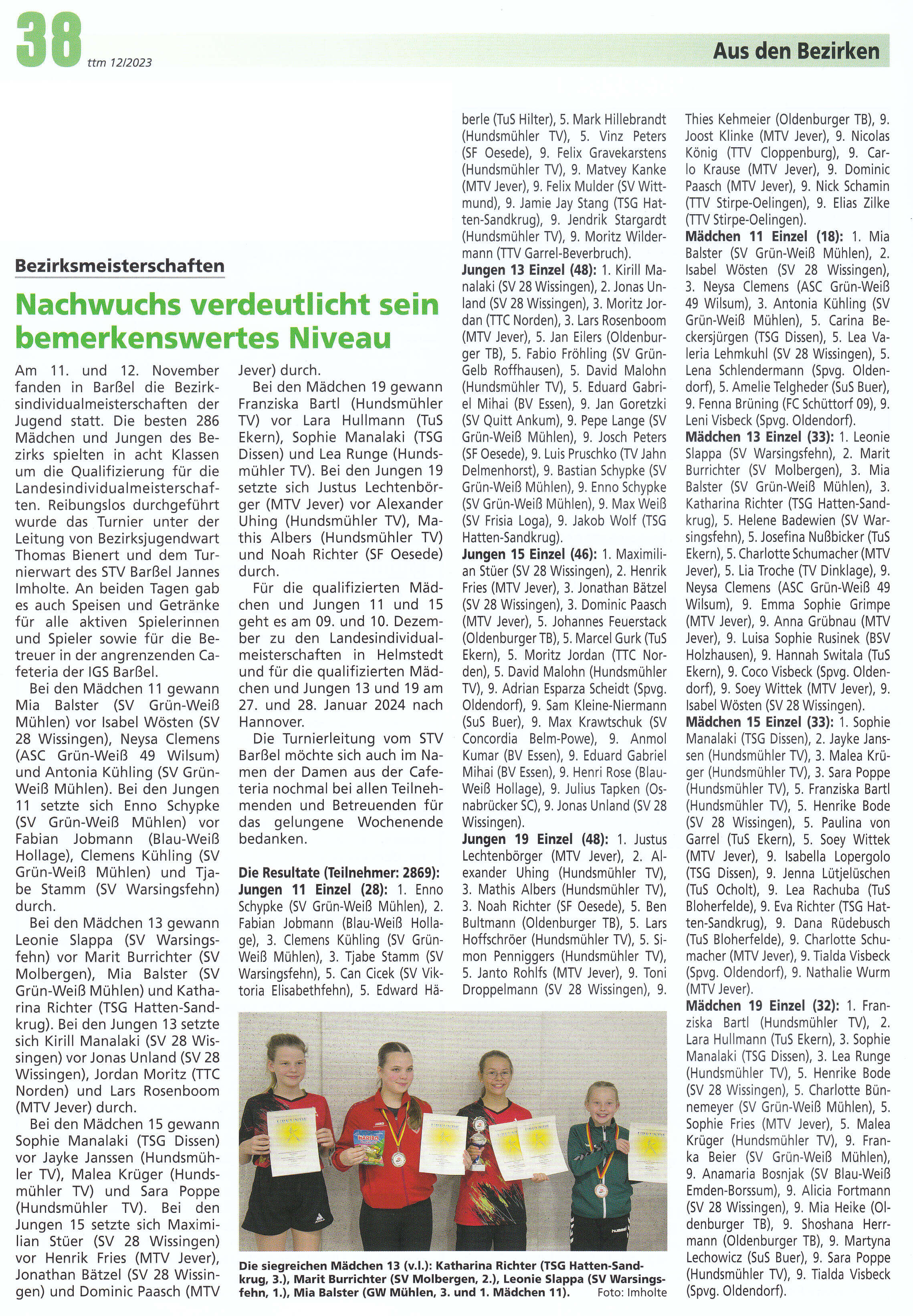Tischtennis Magazin Pressebericht Bezirksmeisterschaften 2023 der Jugend in Barßel